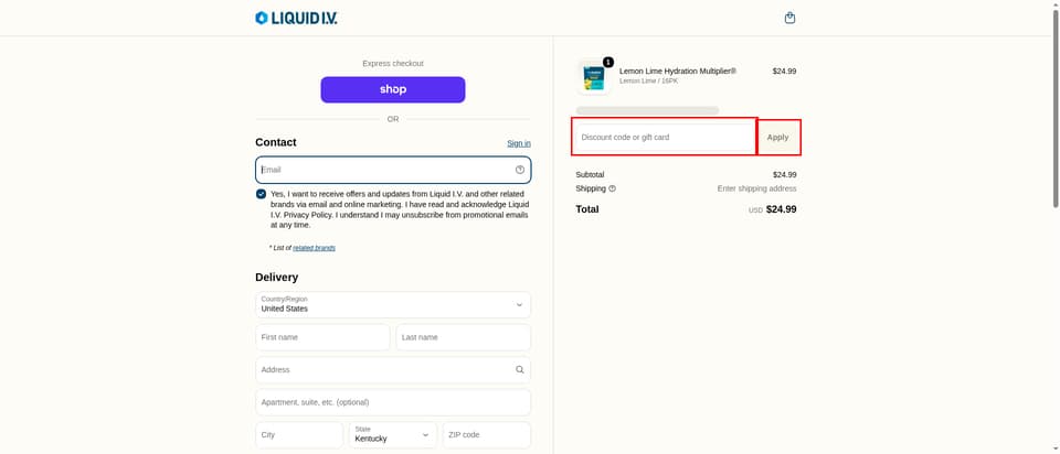 Liquid I.V. checkout page showing the 