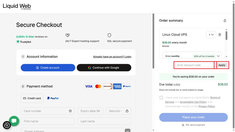 Liquid Web checkout page showing the Enter discount code field and Apply button