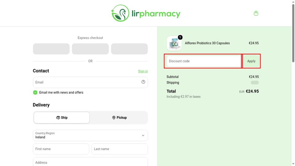 Lir Pharmacy checkout page showing the Discount code field and Apply button