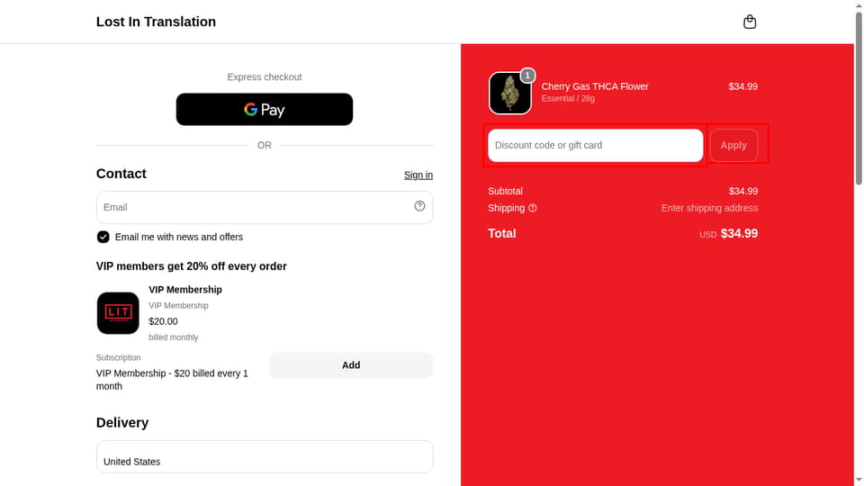 LIT FARMS checkout page showing the Discount code or gift card field and Apply button