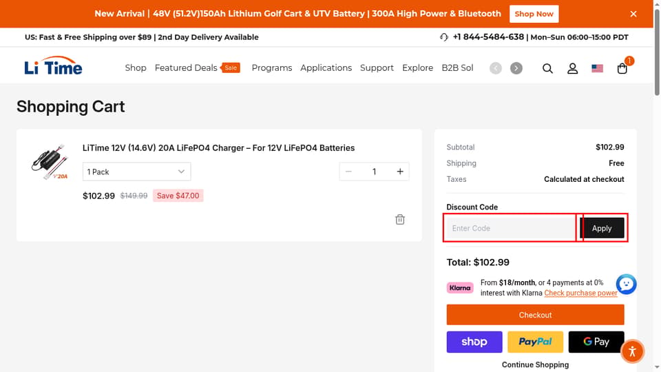 LiTime checkout page showing the Enter Code field and Apply button