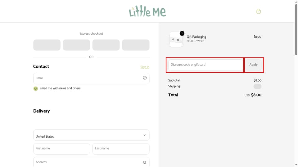 Little Me checkout page showing the Discount code or gift card field and Apply button