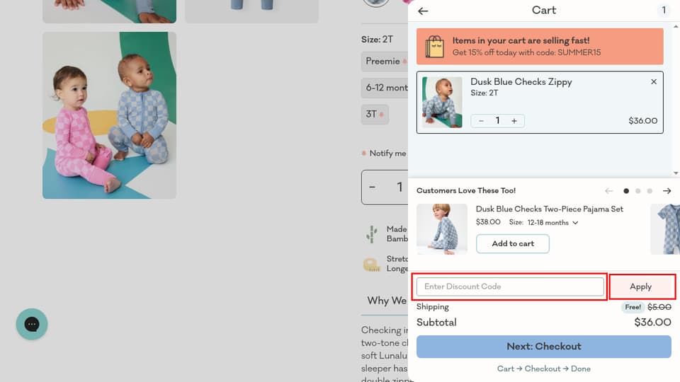 Little Sleepies checkout page showing the Enter Discount Code field and Apply button