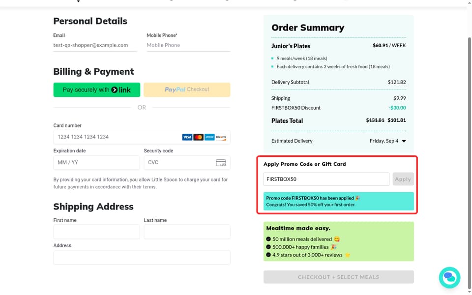 Little Spoon checkout page showing the Discount code field and Apply button