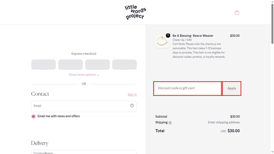 Little Words Project checkout page showing the Discount code or gift card field and Apply button