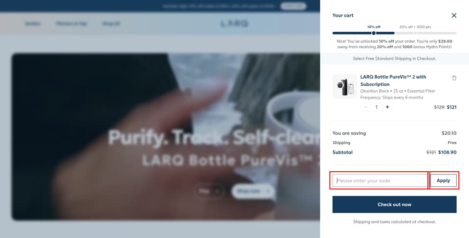 LARQ checkout page showing the 