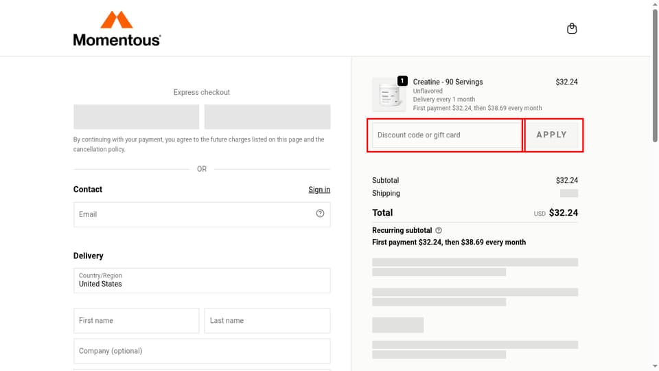 Momentous checkout page showing the Discount code or gift card field and Apply button