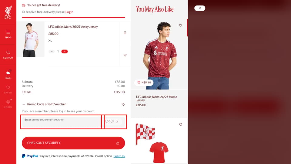 Liverpool FC checkout page showing the Enter promo code or gift voucher field and Apply button