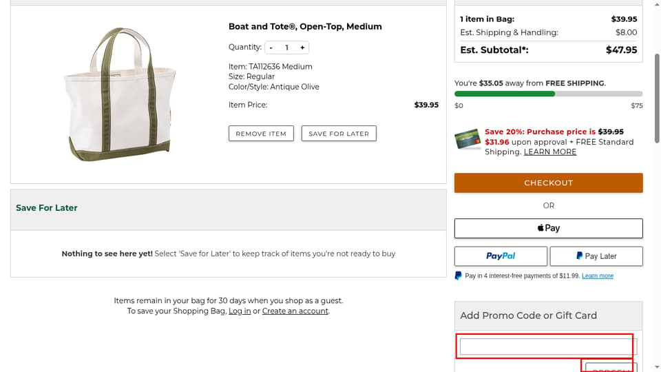 L.L. Bean checkout page showing the Add Promo Code or Gift Card field and Redeem button