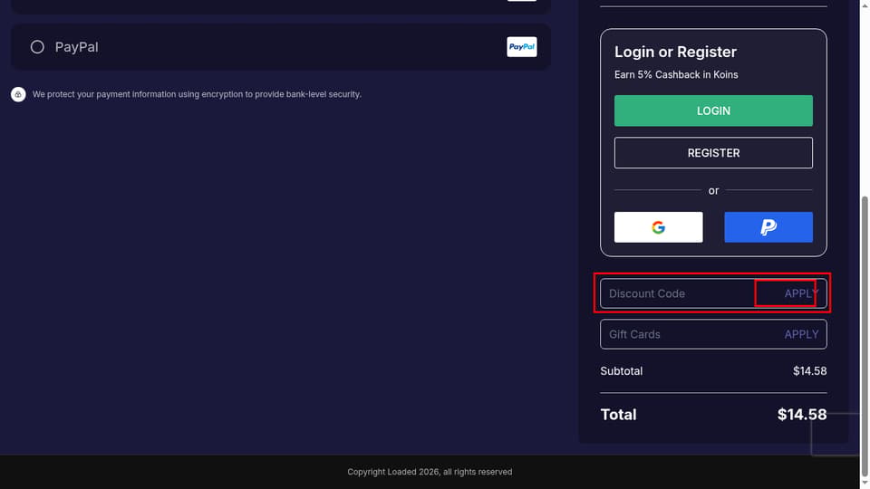 Loaded checkout page showing the Discount Code field and Apply button