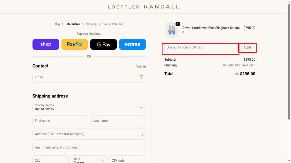 Loeffler Randall checkout page showing the Discount code or gift card field and Apply button