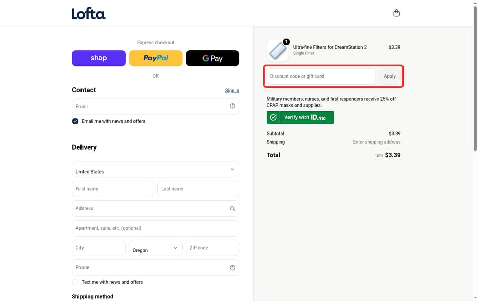 Lofta checkout page showing the Discount code or gift card field and Apply button