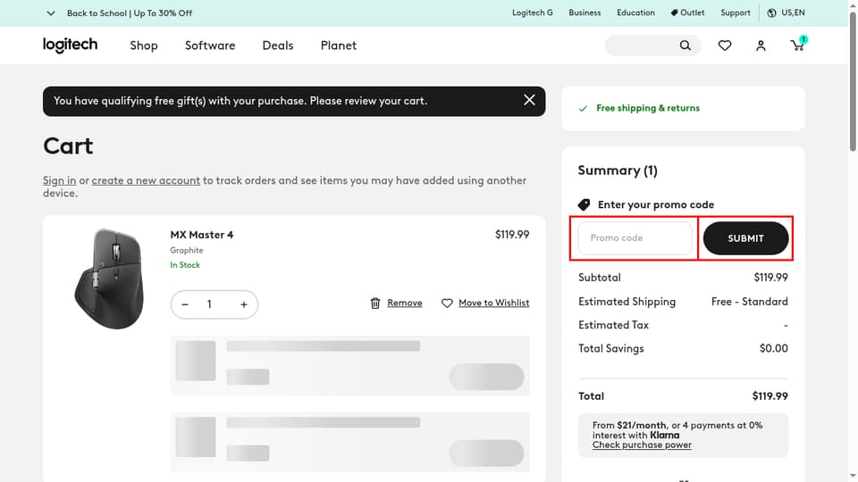 Logitech checkout page showing the Promo code field and Submit button