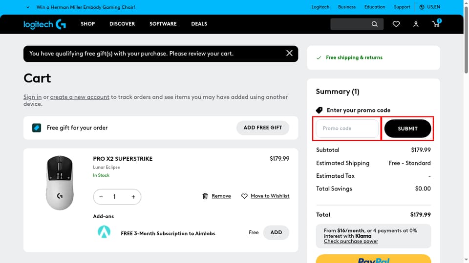 Logitech G checkout page showing the Promo code field and Submit button