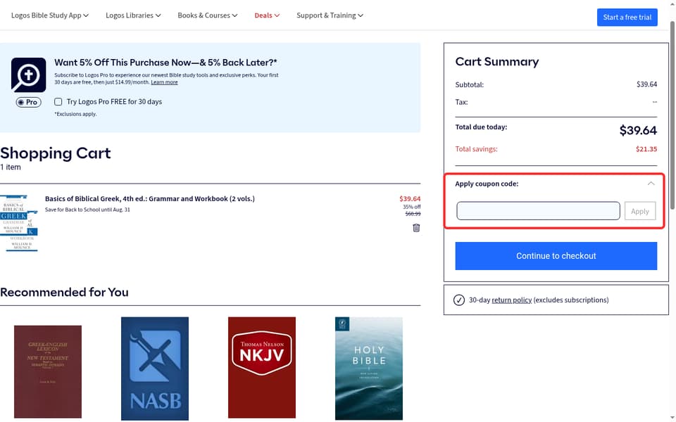 Logos checkout page showing the Coupon code entry field and Apply button