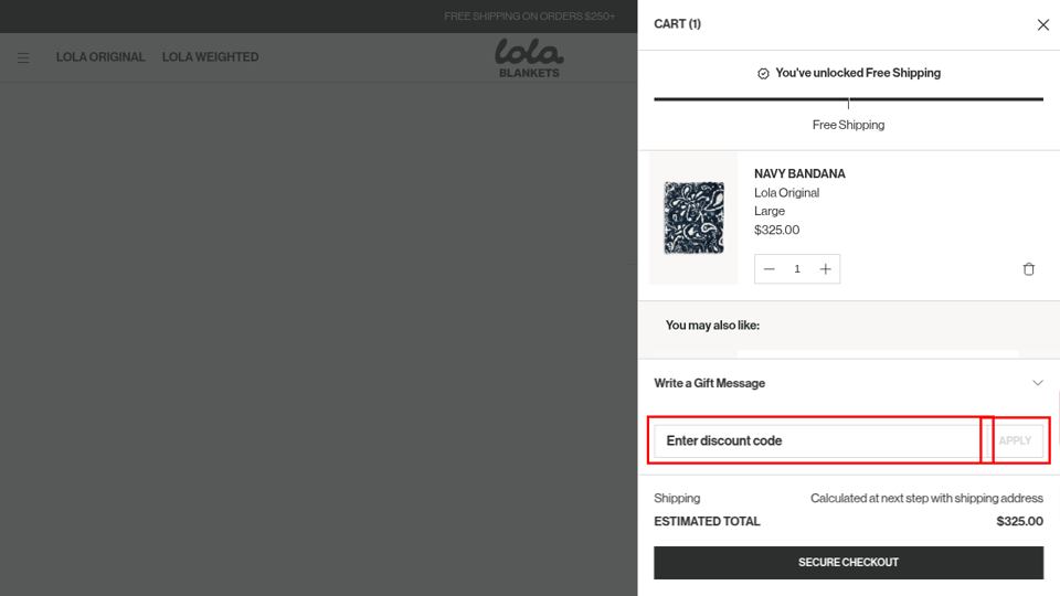 Lola Blankets checkout page showing the Enter discount code field and Apply button