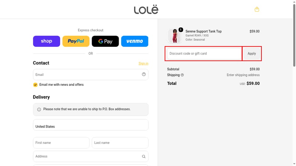 Lolë checkout page showing the Discount code or gift card field and Apply button