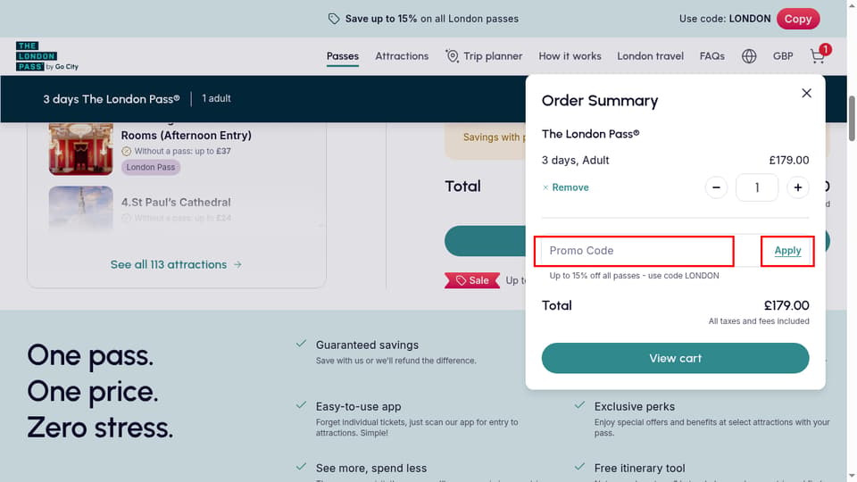 The London Pass checkout page showing the Promo Code field and Apply button