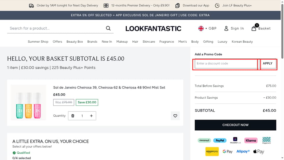 LOOKFANTASTIC checkout page showing the Enter a discount code field and APPLY button