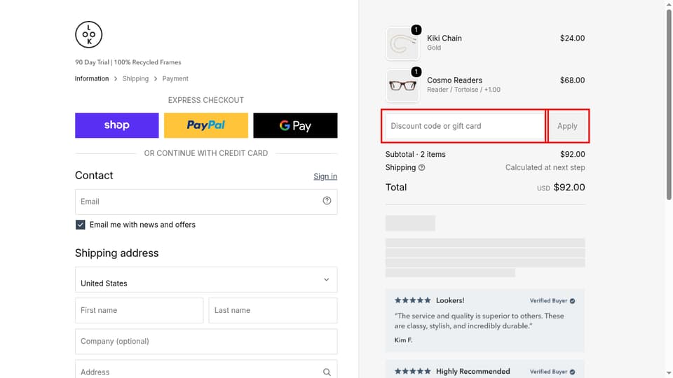 LOOK OPTIC checkout page showing the Discount code or gift card field and Apply button