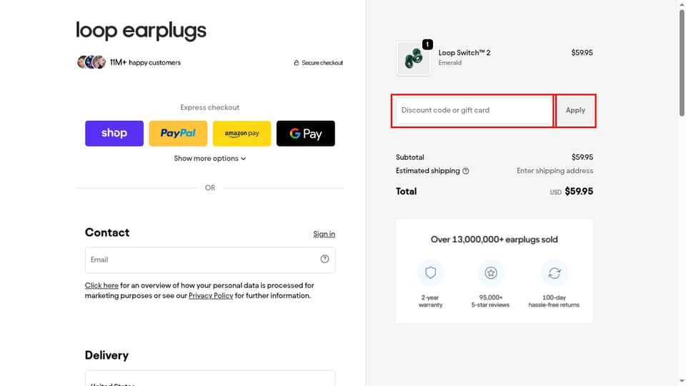 Loop Earplugs checkout page showing the Discount code or gift card field and Apply button