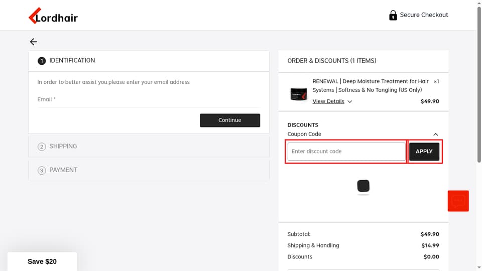 Lordhair checkout page showing the Enter discount code field and APPLY button