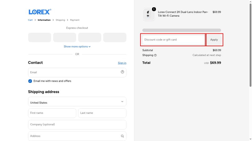 Lorex Technology checkout page showing the Discount code or gift card field and Apply button