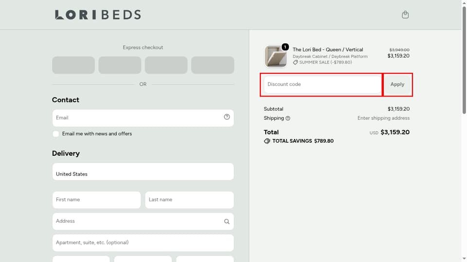 Lori Beds checkout page showing the Discount code field and Apply button