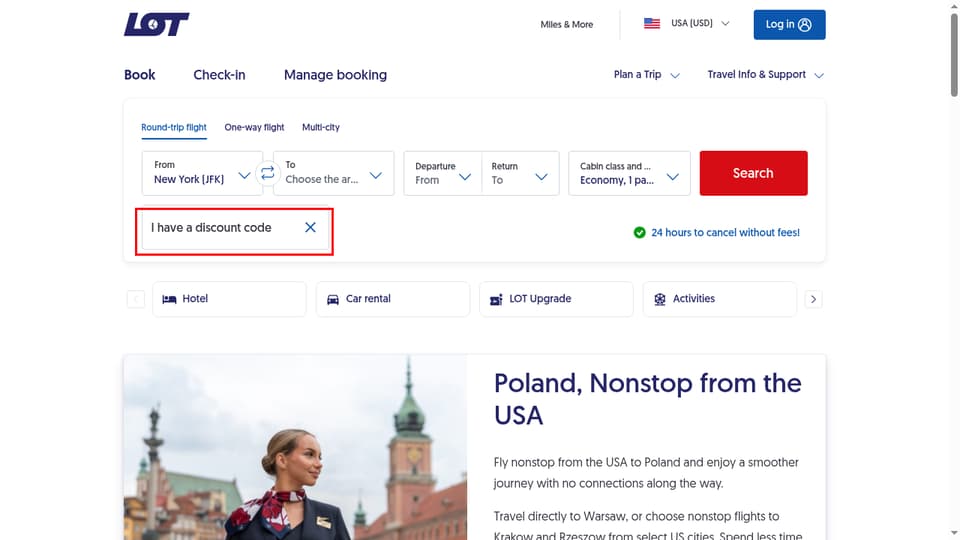 LOT Polish Airlines checkout page showing the I have a discount code field and Search button