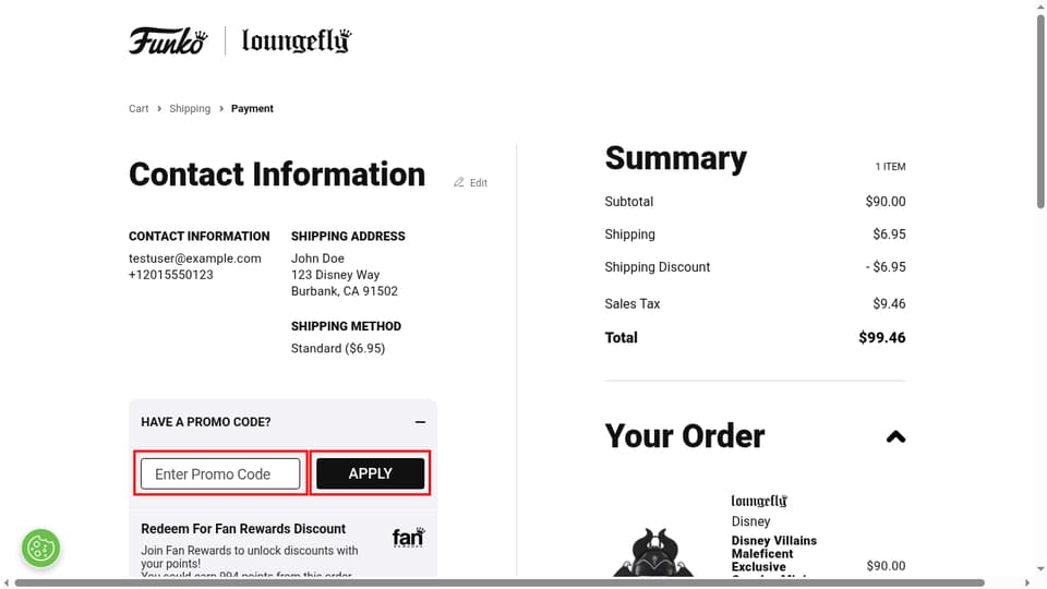 Loungefly checkout page showing the Enter Promo Code field and Apply button