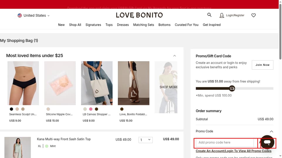 Love, Bonito checkout page showing the Add promo code here field and Apply button