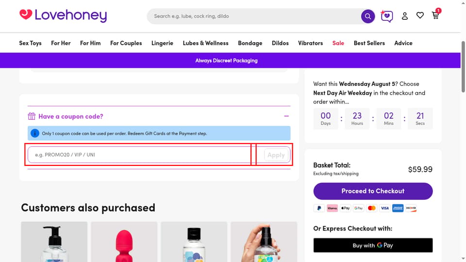 Lovehoney checkout page showing the e.g. PROMO20 / VIP / UNI field and Apply button