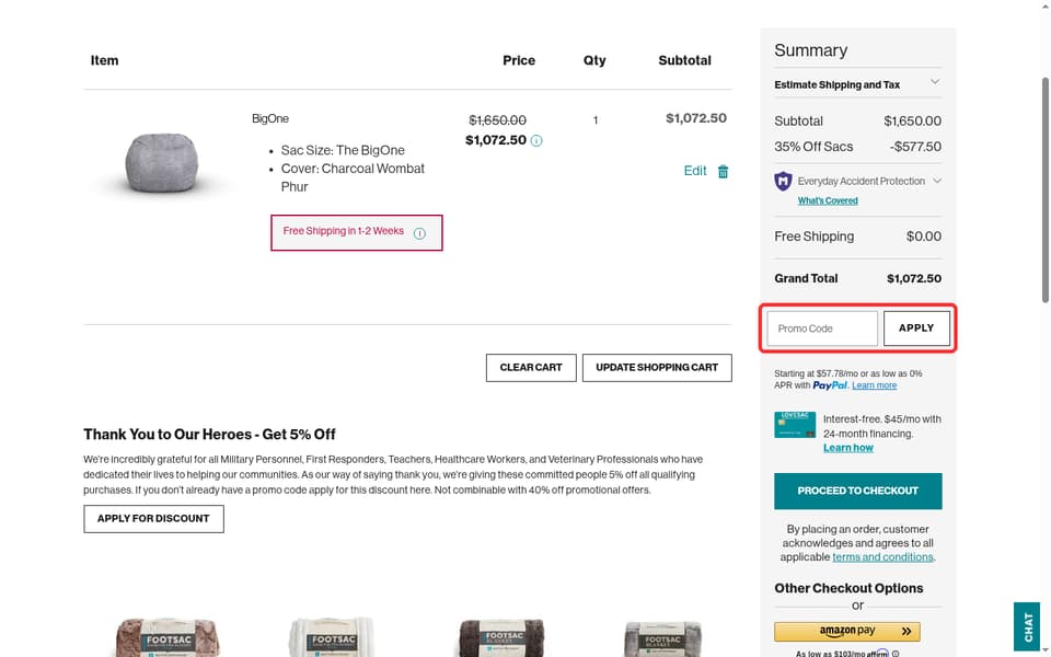 LoveSac checkout page showing the Promo Code field and APPLY button