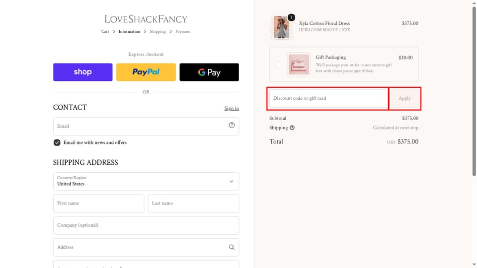 LoveShackFancy checkout page showing the Discount code or gift card field and Apply button