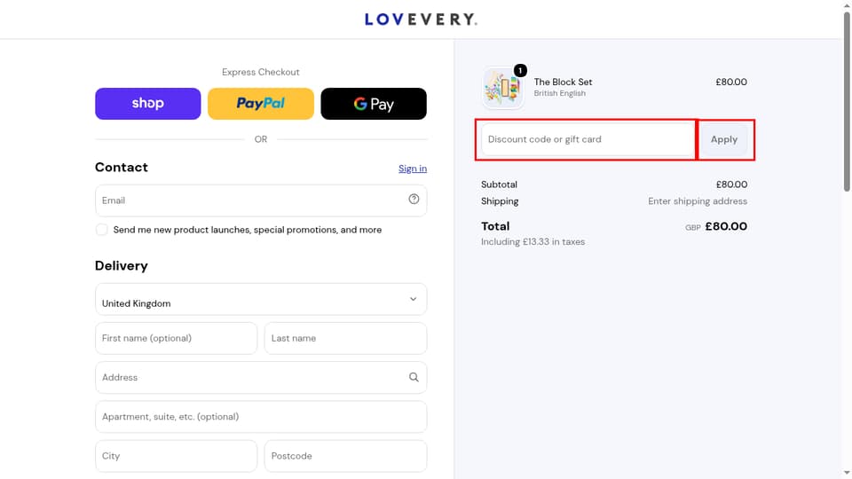 Lovevery checkout page showing the Discount code or gift card field and Apply button