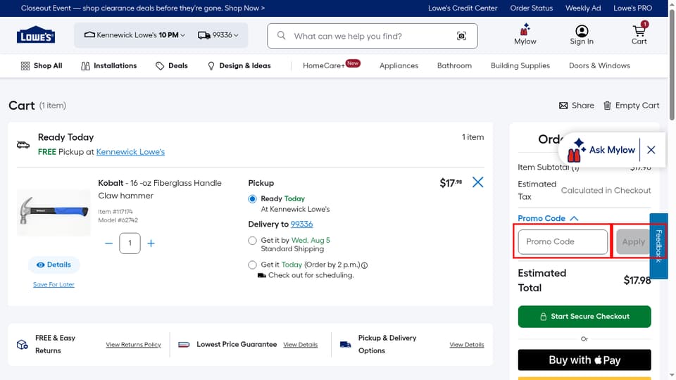 Lowe's checkout page showing the Promo Code field and Apply button