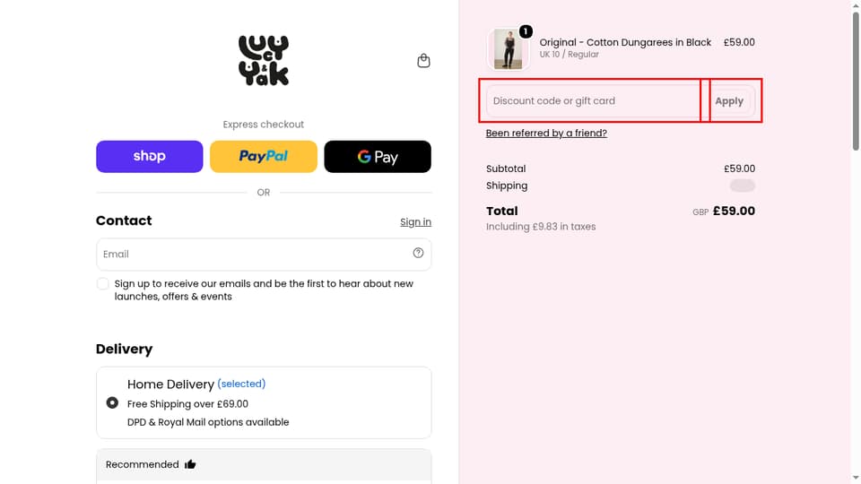 Lucy & Yak checkout page showing the Discount code or gift card field and Apply button