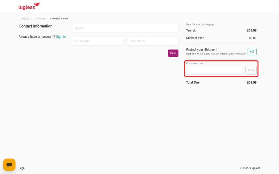 LugLess checkout page showing the Promotion code field and Apply button