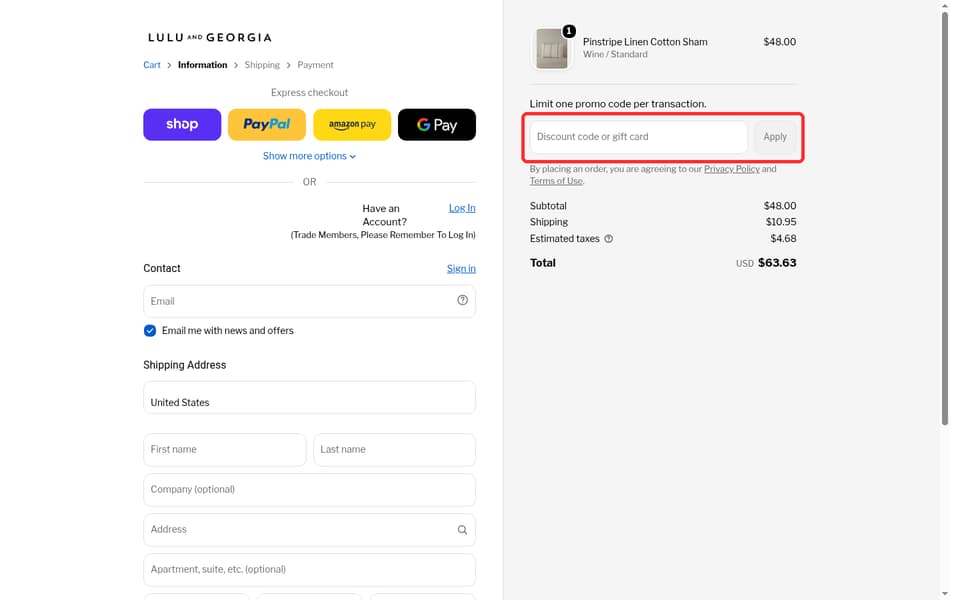 Lulu and Georgia checkout page showing the Discount code or gift card field and Apply button