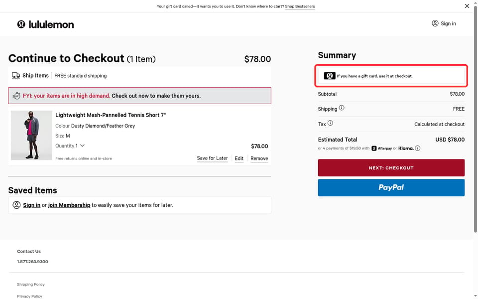 Lululemon checkout page showing the If you have a gift card, use it at checkout. field and Apply button