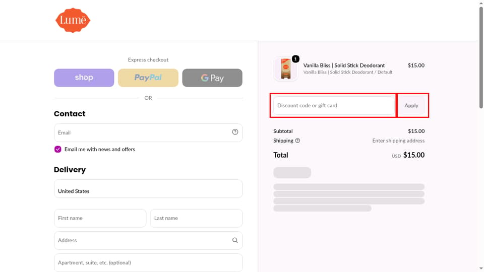 Lume checkout page showing the Discount code or gift card field and Apply button