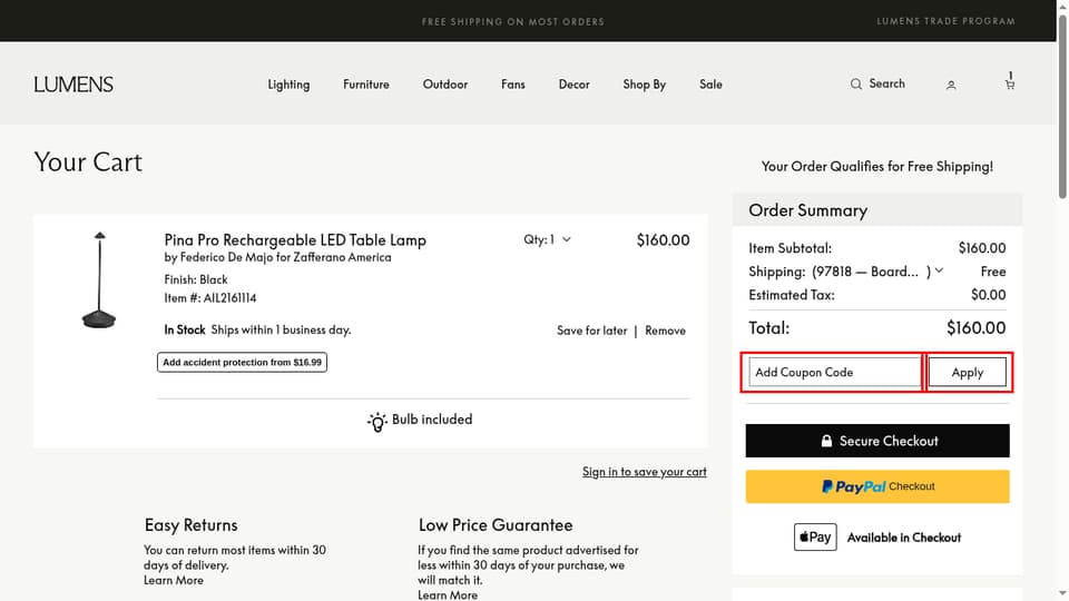 Lumens checkout page showing the Add Coupon Code field and Apply button