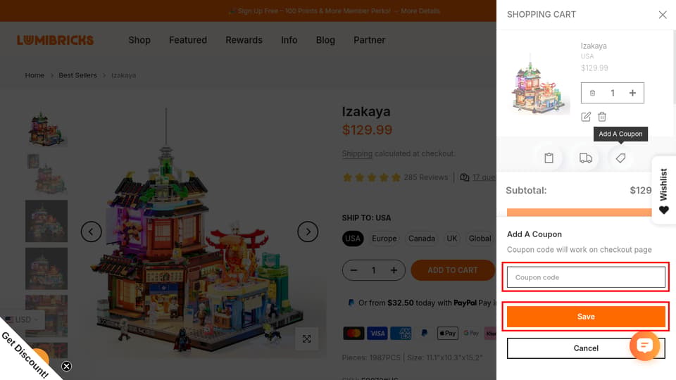 LUMIBRICKS checkout page showing the Coupon code field and Save button