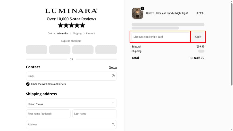 Luminara checkout page showing the Discount code or gift card field and Apply button