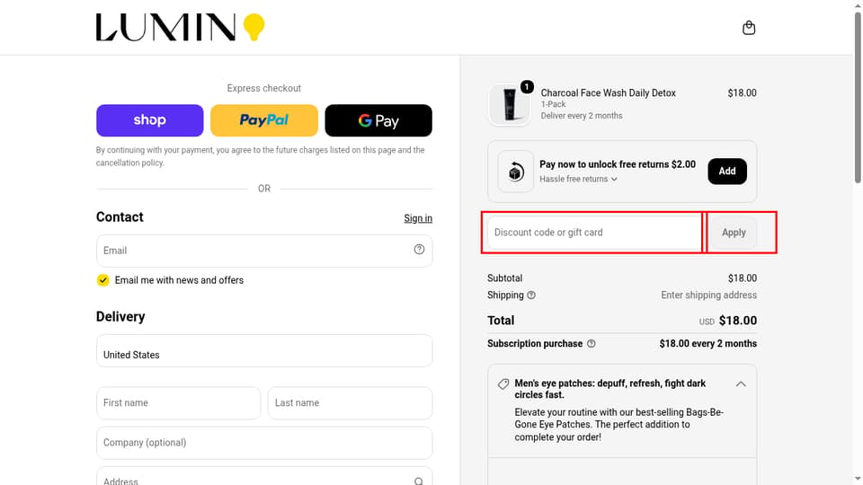 Lumin checkout page showing the Discount code or gift card field and Apply button