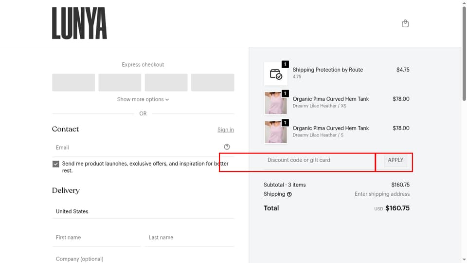 Lunya checkout page showing the Discount code or gift card field and Apply button