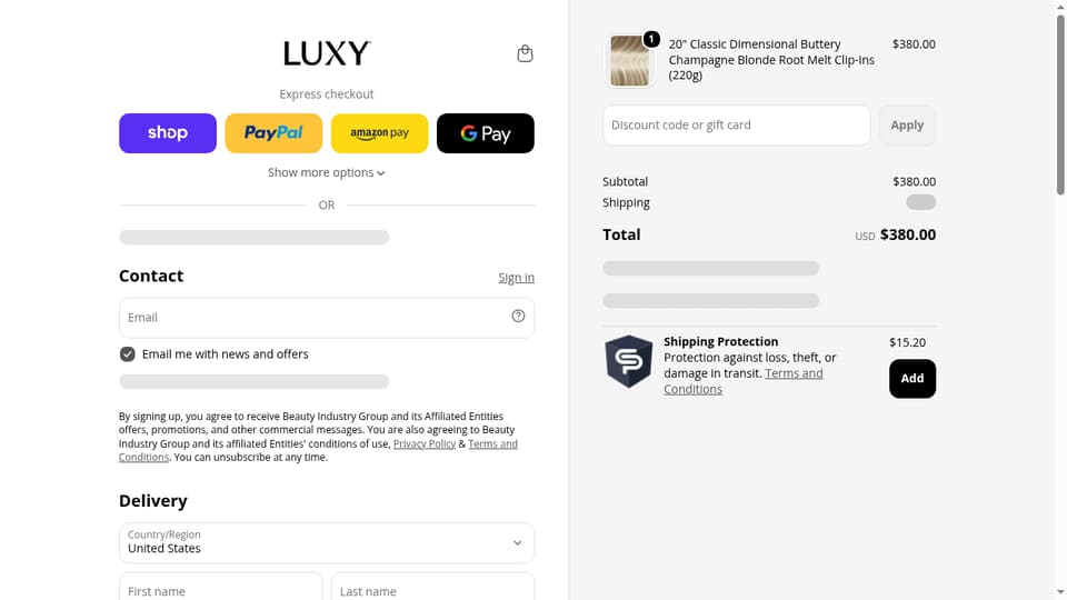 Luxy Hair checkout page showing the Discount code or gift card field and Apply button