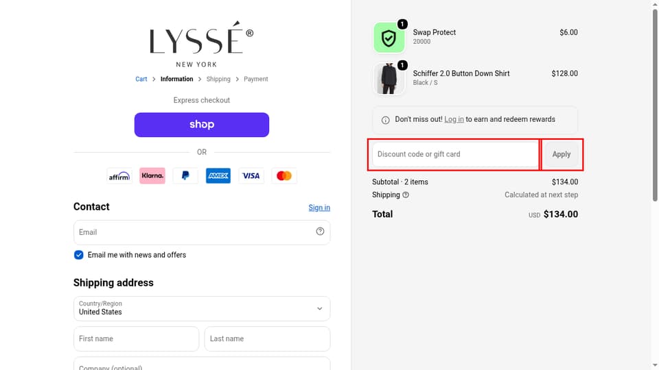 Lyssé New York checkout page showing the Discount code or gift card field and Apply button