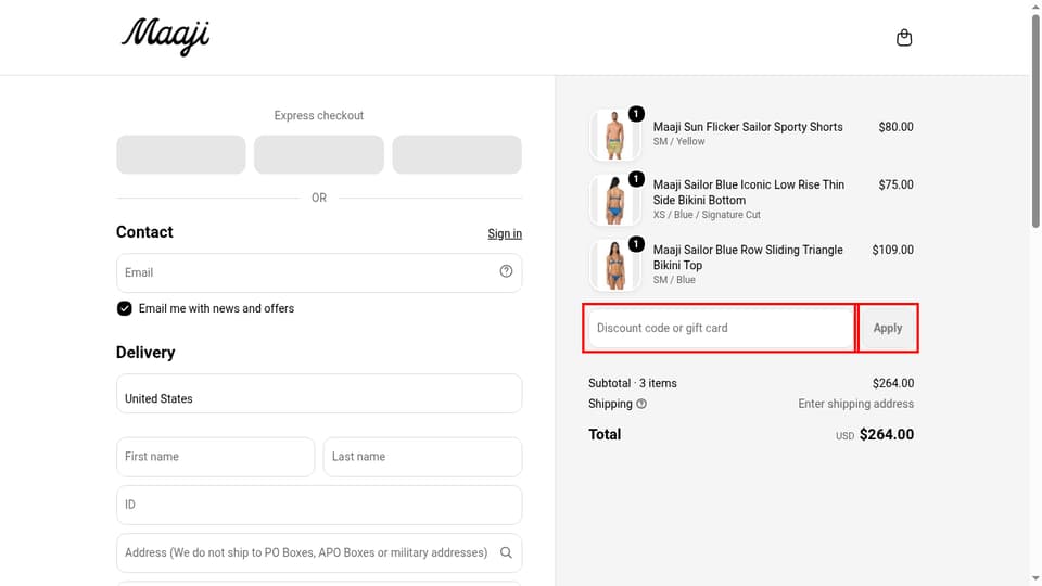 Maaji checkout page showing the Discount code or gift card field and Apply button