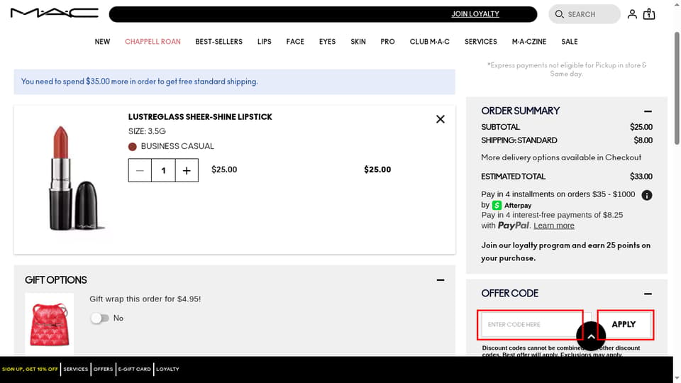 MAC Cosmetics checkout page showing the Enter code here field and APPLY button